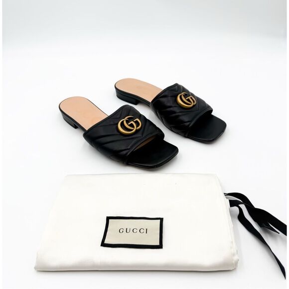 Gucci GG Marmont Quilted Chevron Black Leather Sandals Mules Flats - Picture 1 of 14